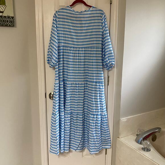 SHEIN • Blue + White Argyle Diamond Print Bohemian Light Maxi Dress - Picture 7 of 8